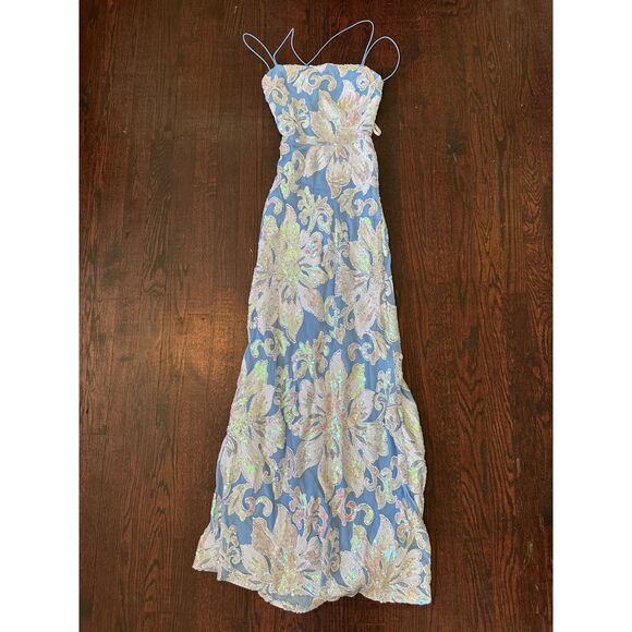 Vintage B. Darlin Blue White Open Back Sparkly Fairy Maxi Gown Size 0 - Picture 1 of 8